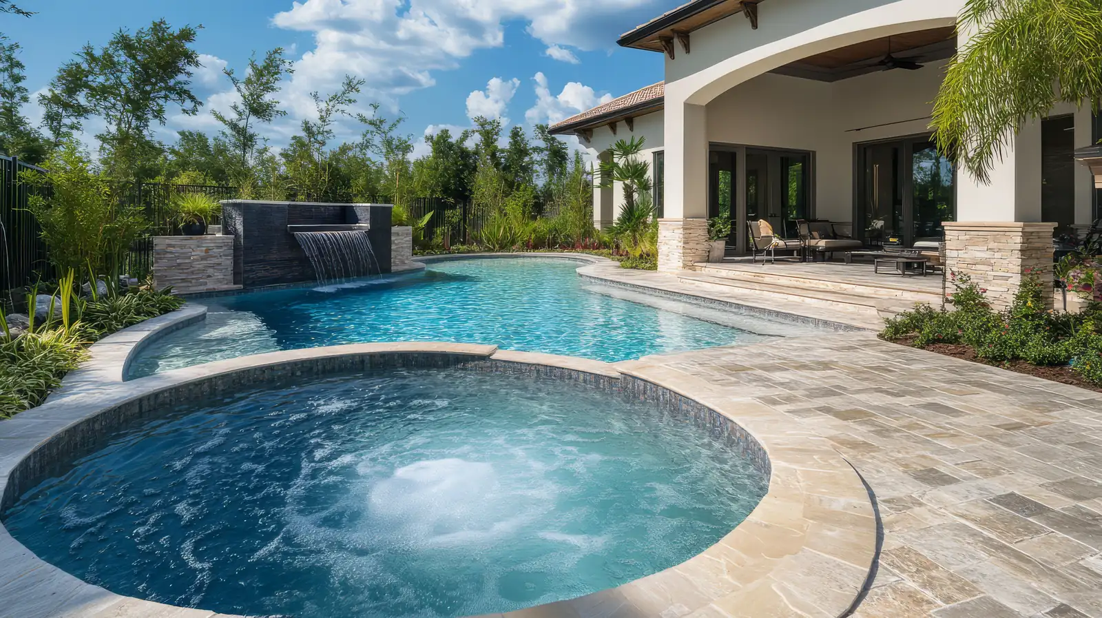 Custom raised spa, spillover and waterfall on a gunite pool