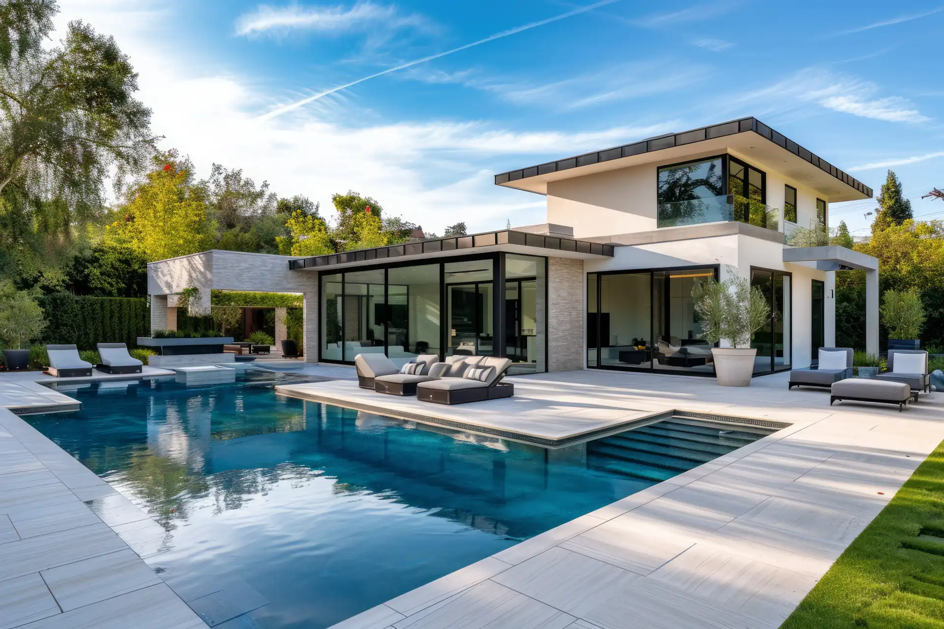 Covered patio and outdoor kitchen beside a pool at sunset