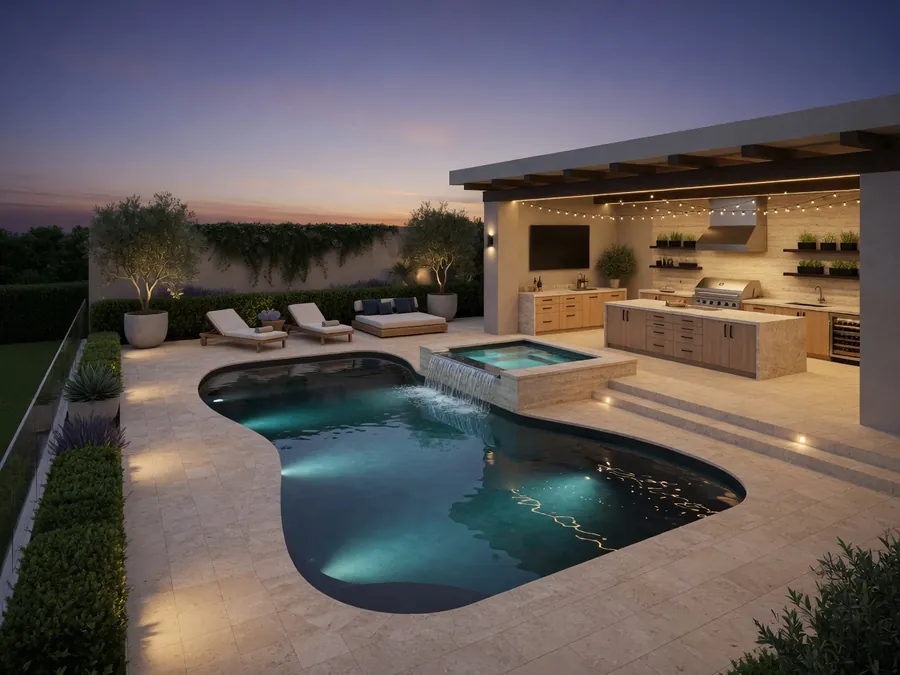 3D rendering of a custom backyard pool design